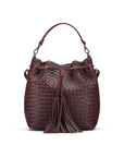 Woven leather bucket bag, burgundy, front