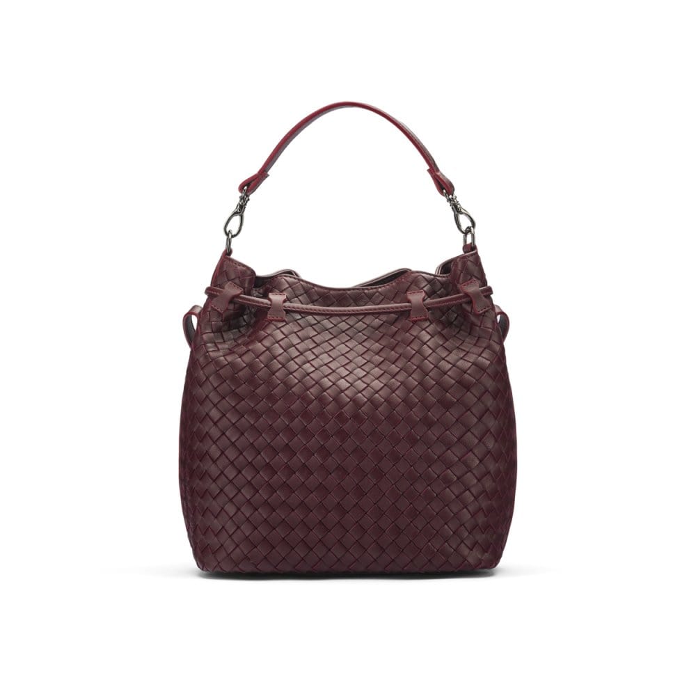 Woven leather bucket bag, burgundy, back