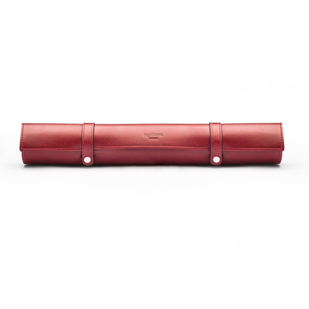 Leather backgammon roll, burgundy with mustard, front