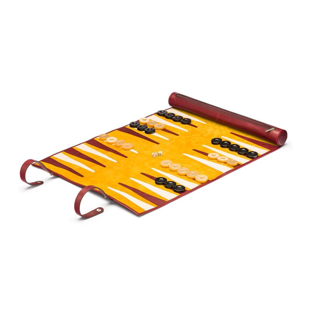 Leather backgammon roll, burgundy with mustard