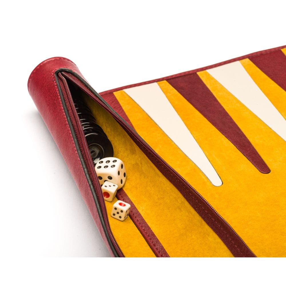 Leather Backgammon Roll - Burgundy With Mustard