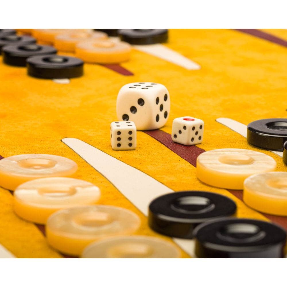 Leather backgammon roll, burgundy with mustard, dice and counters