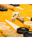 Leather backgammon roll, burgundy with mustard, dice and counters