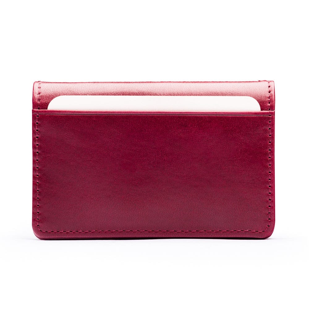 Leather bifold card wallet, burgundy, front view