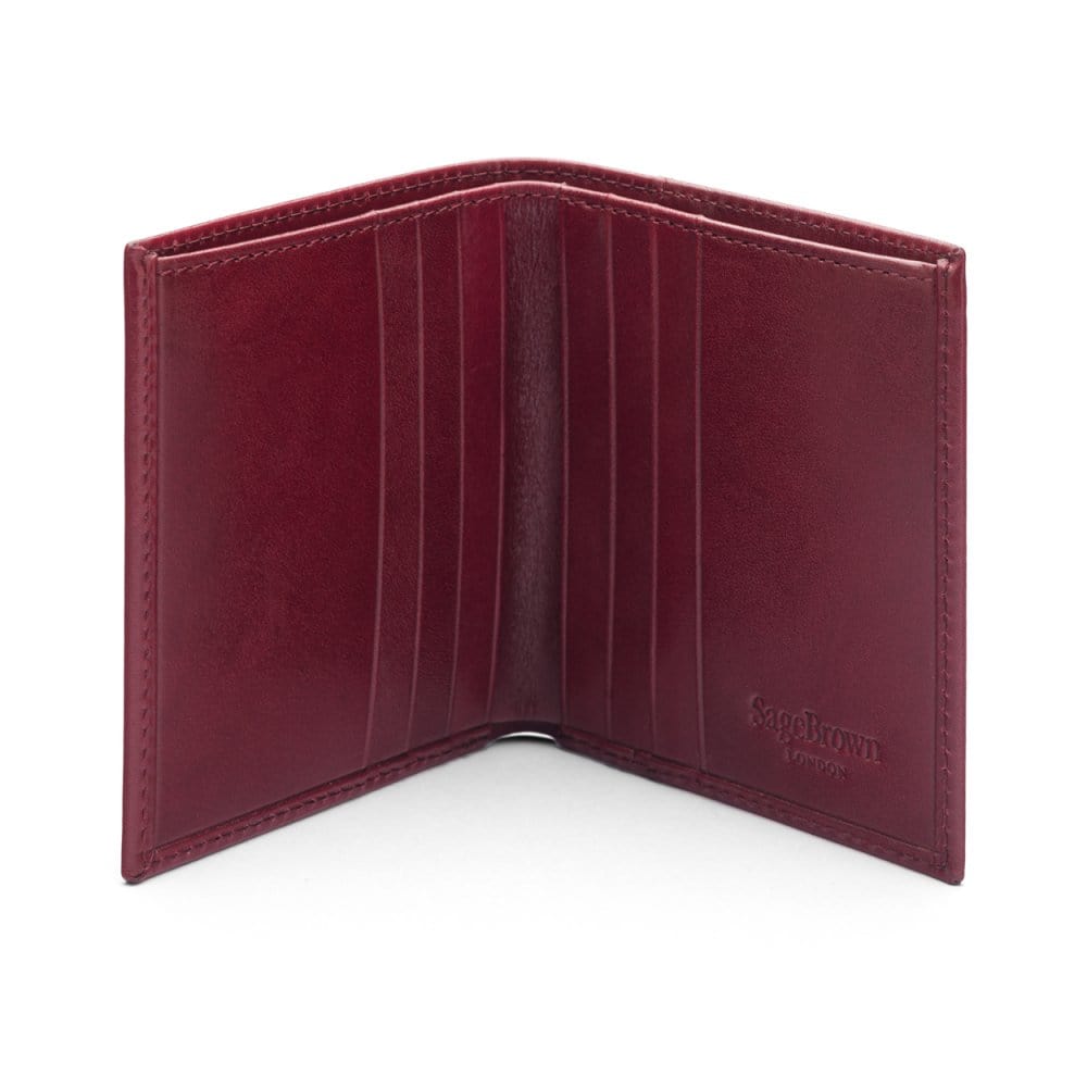 Leather compact billfold wallet 6CC, burgundy, open