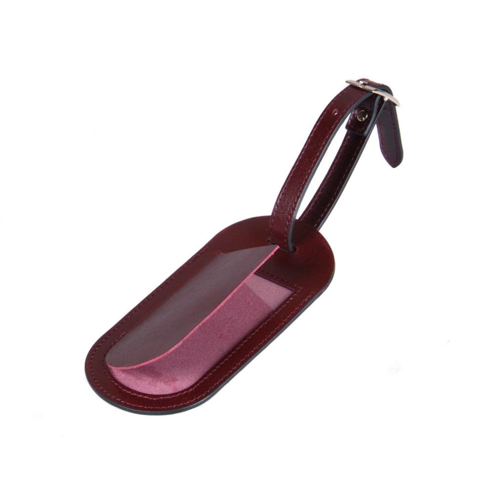 Leather luggage tag, burgundy, flap open