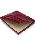 Leather side opening flat card holder, burgundy, open