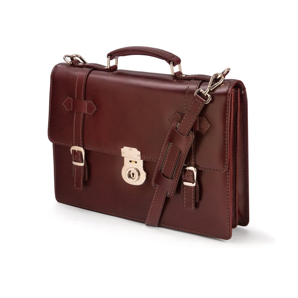 Leather Cambridge satchel briefcase with silver brass lock, burgundy, side