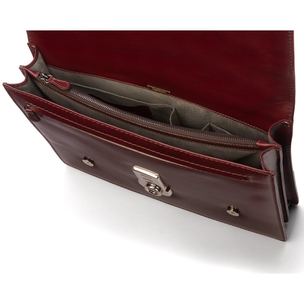 Leather Cambridge satchel briefcase with silver brass lock, burgundy, inside