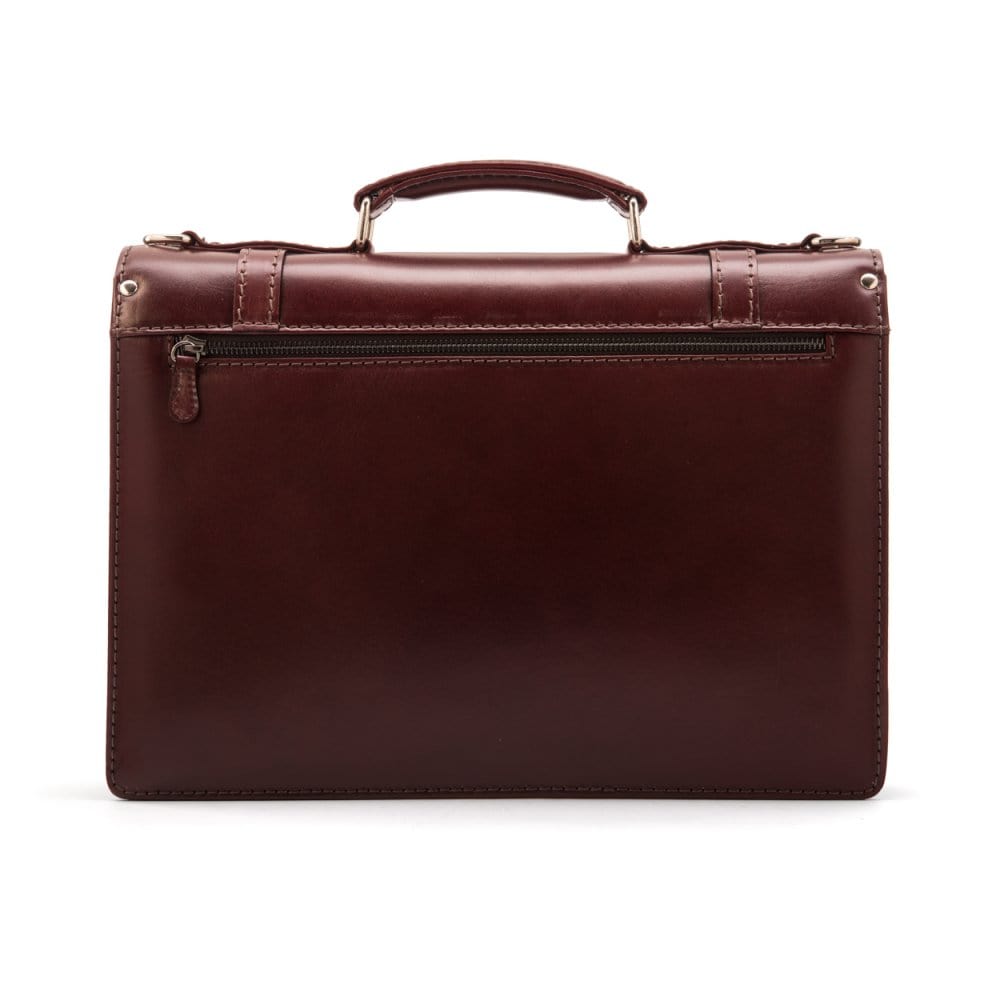 Leather Cambridge satchel briefcase with silver brass lock, burgundy, back