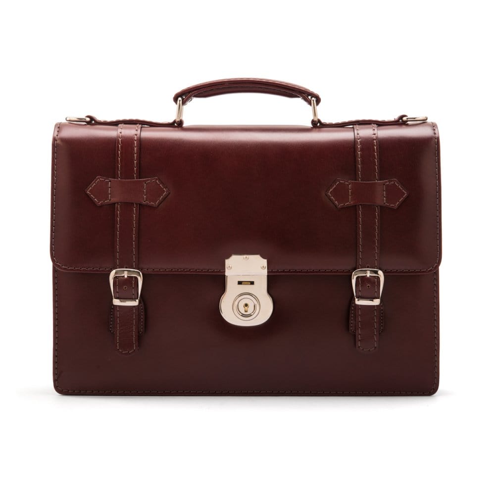 Leather Cambridge satchel briefcase with silver brass lock, burgundy, front