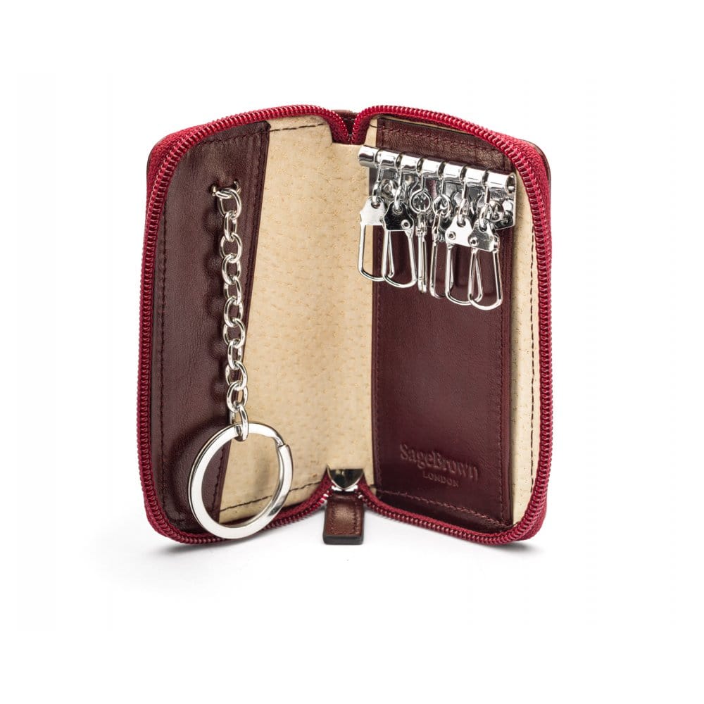 Leather zip around key case, burgundy, open