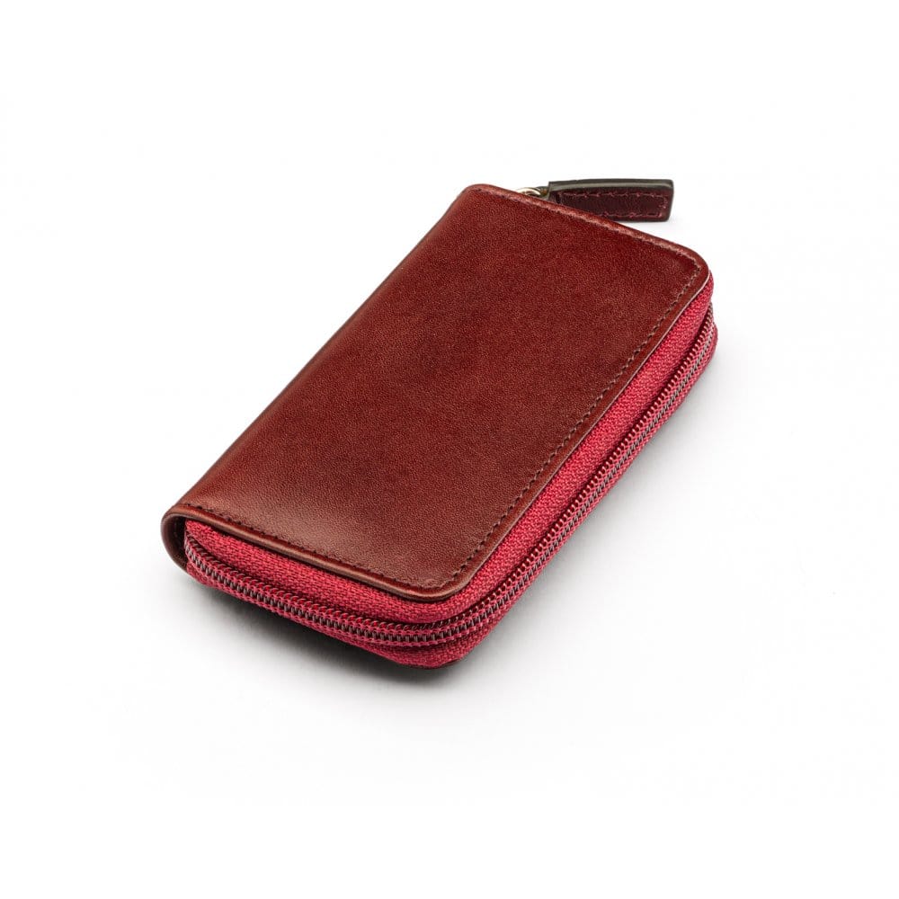 Leather zip around key case, burgundy, front