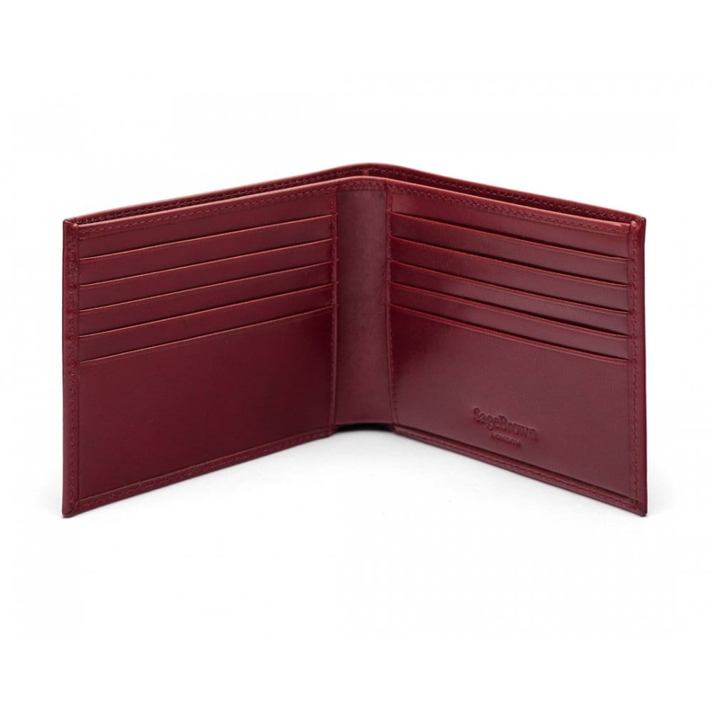 Men's leather billfold wallet, burgundy, open