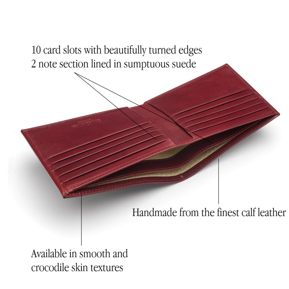 Men's leather billfold wallet, burgundy, features