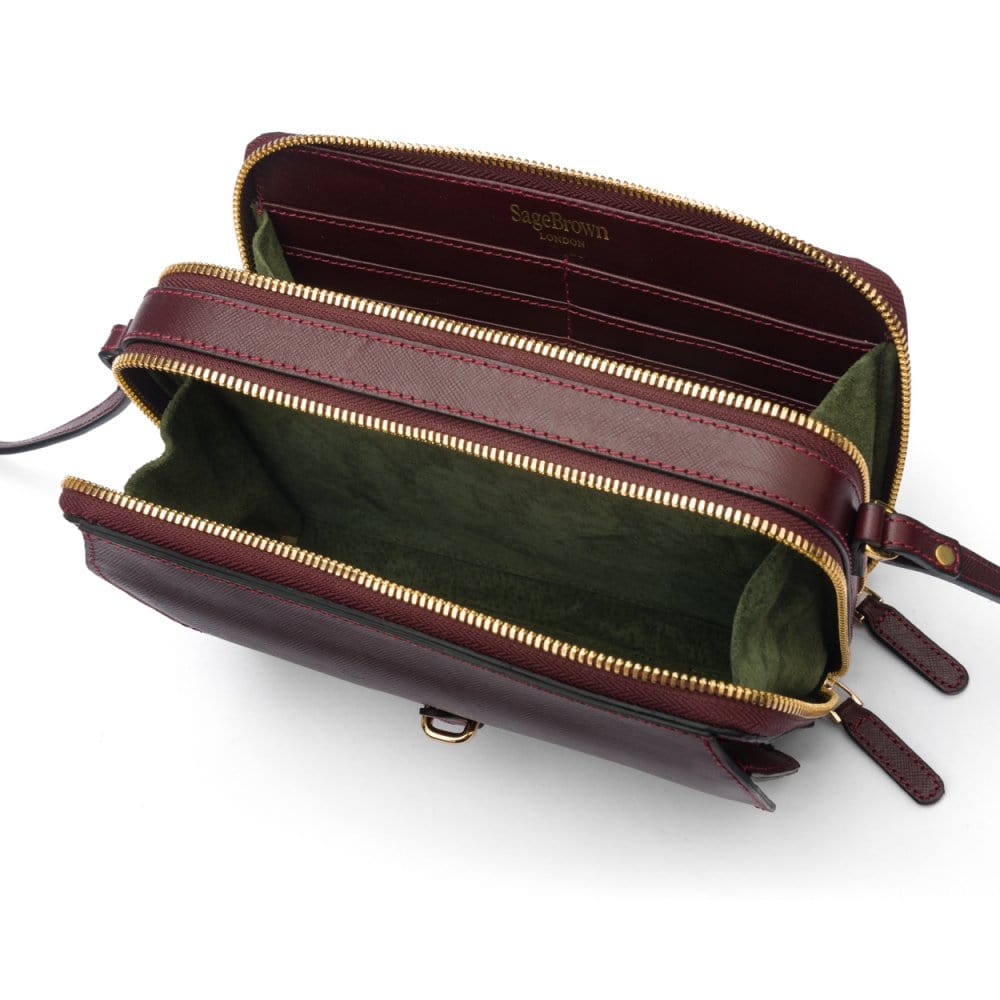 Compact crossbody bag, burgundy saffiano, inside