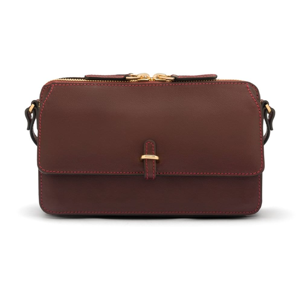Compact crossbody bag, burgundy saffiano, front