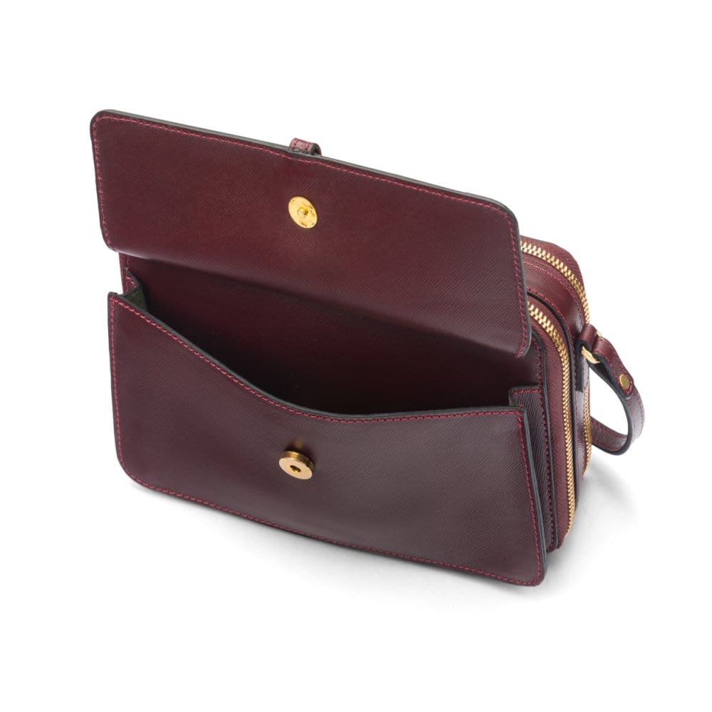 Compact crossbody bag, burgundy saffiano, front pocket
