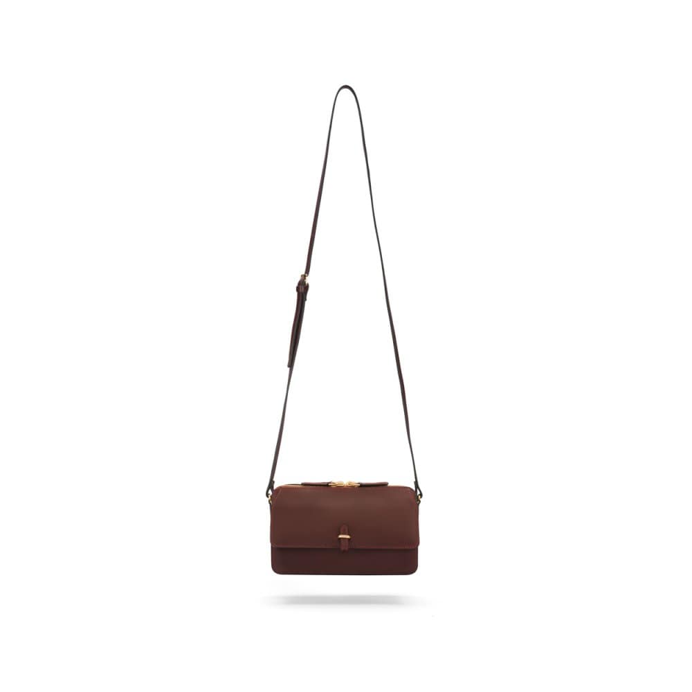Compact crossbody bag, burgundy saffiano, shoulder strap