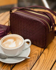 Woven leather camera bag, burgundy, lifestyle