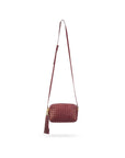 Woven leather camera bag, burgundy, with long shoulder strap