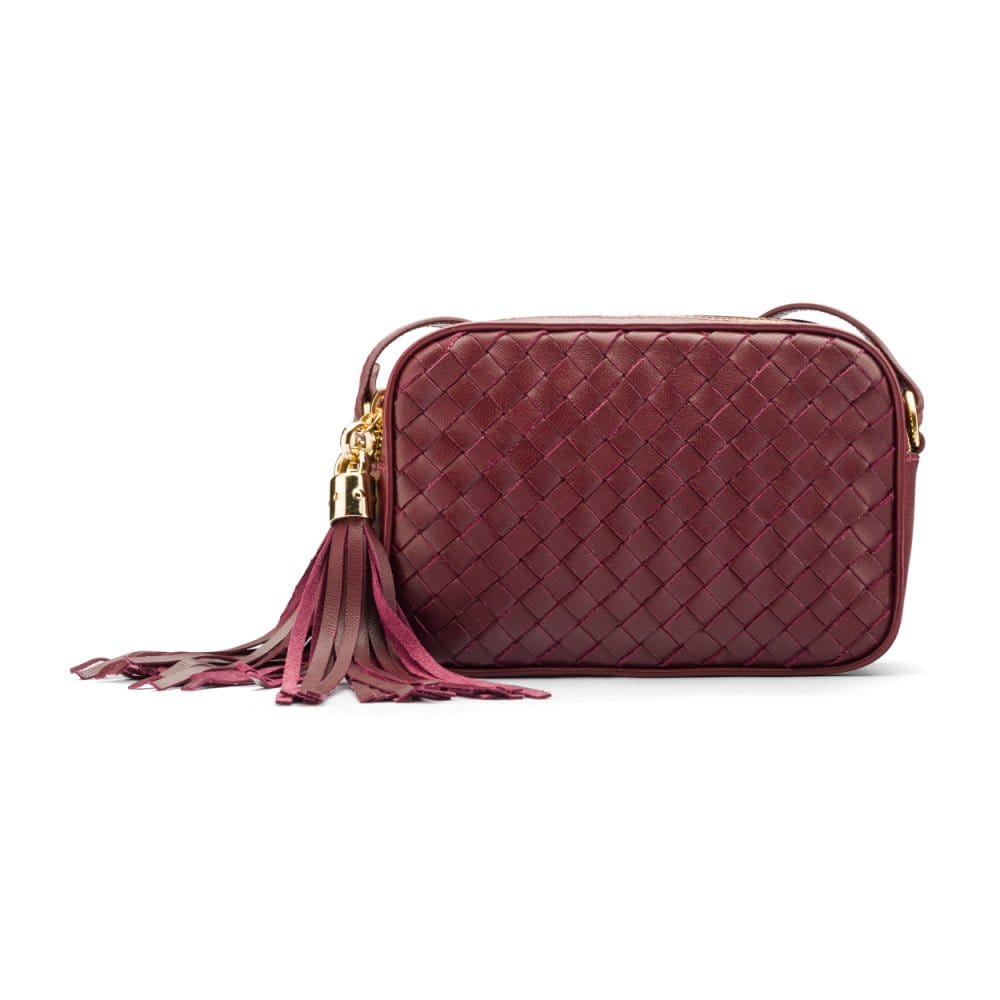 Woven leather camera bag, burgundy, front