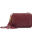 Woven leather camera bag, burgundy, front