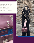 Small real python top handle bag, burgundy