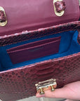 Small real python top handle bag, burgundy, inside