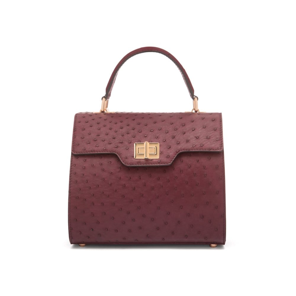 Real ostrich top handle bag, burgundy, front view