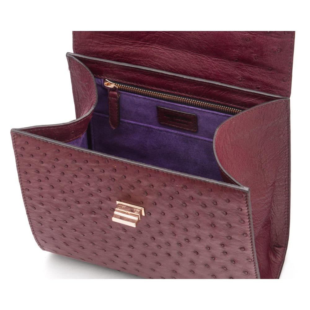 Real ostrich top handle bag, burgundy, inside view