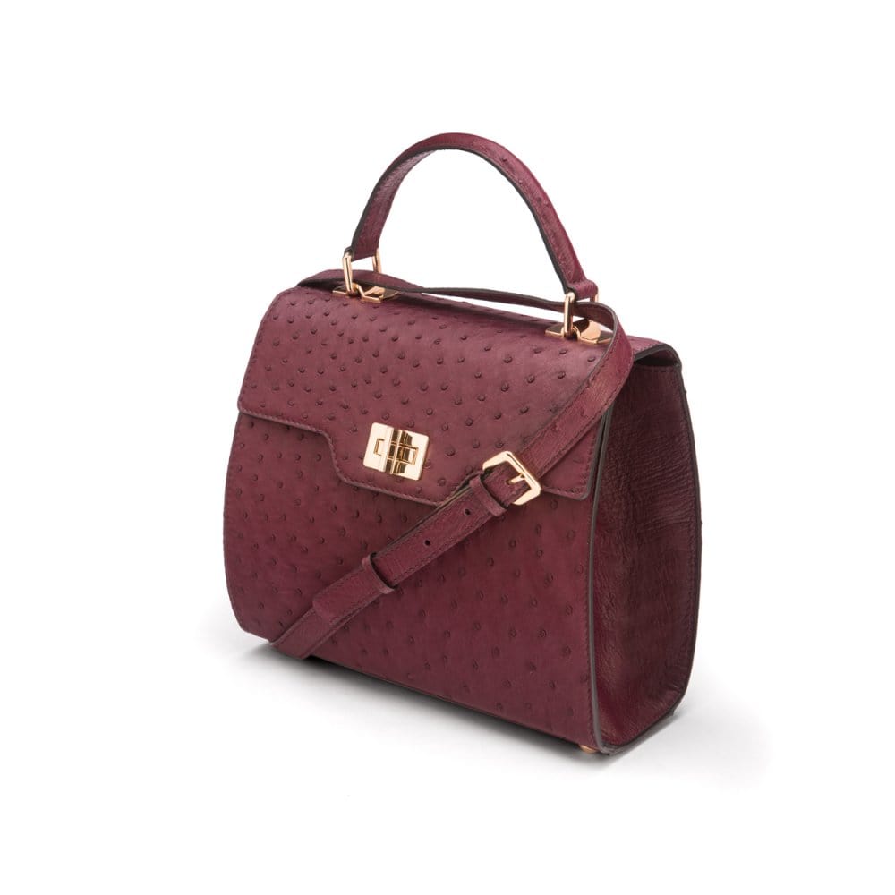 Real ostrich top handle bag, burgundy, side view
