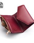 RFID blocking leather envelope purse, burgundy, open view