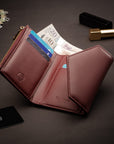 RFID blocking leather envelope purse, burgundy, lifestyle