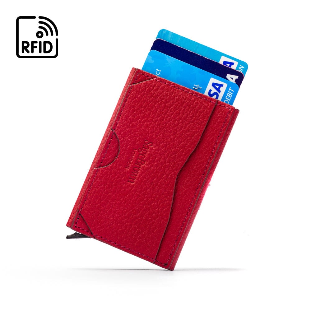 RFID pop-up credit card case, burgundy, back view