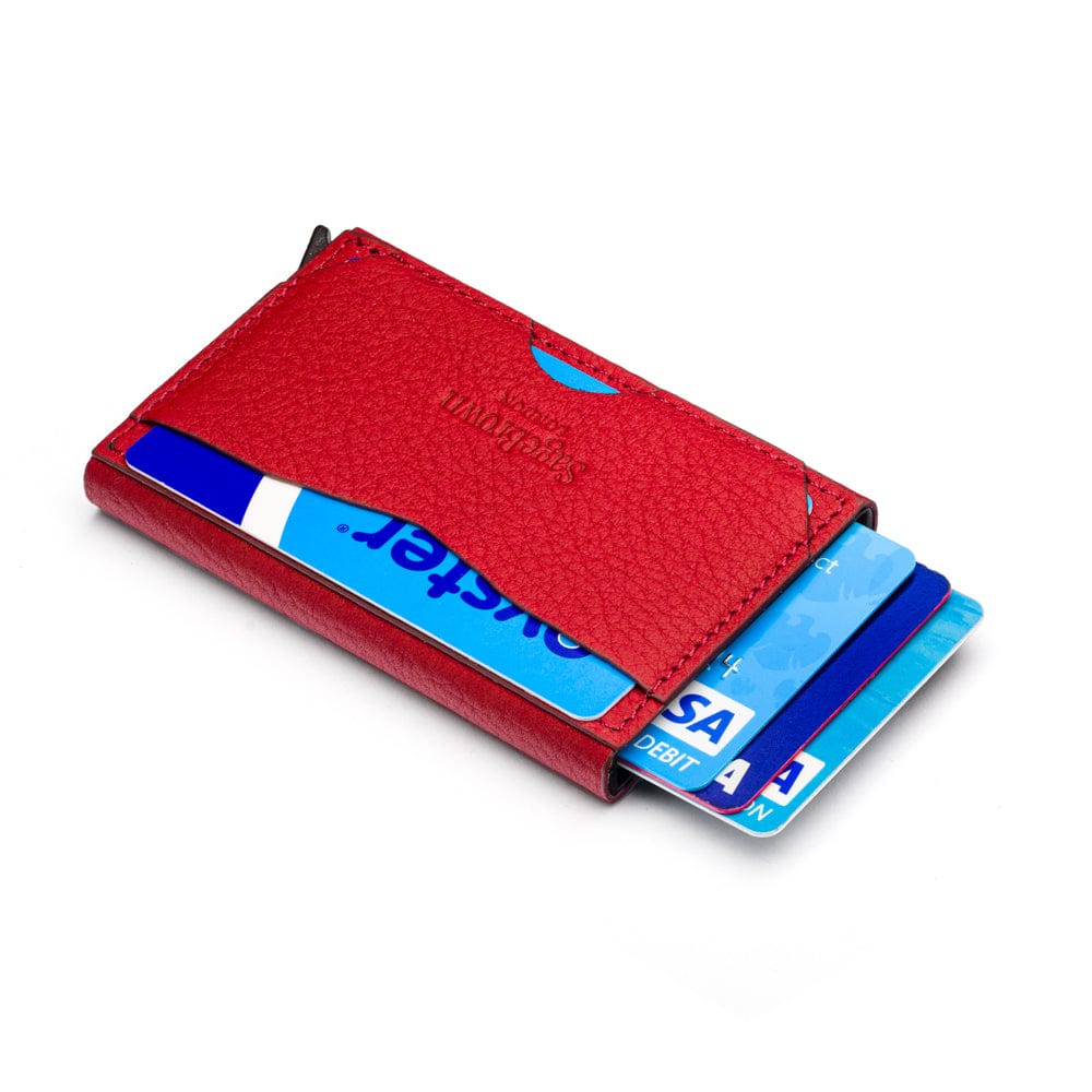 RFID pop-up credit card case, burgundy, side view