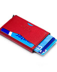 RFID pop-up credit card case, burgundy, side view