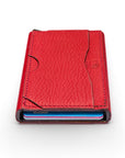 RFID pop-up credit card case, burgundy, top view