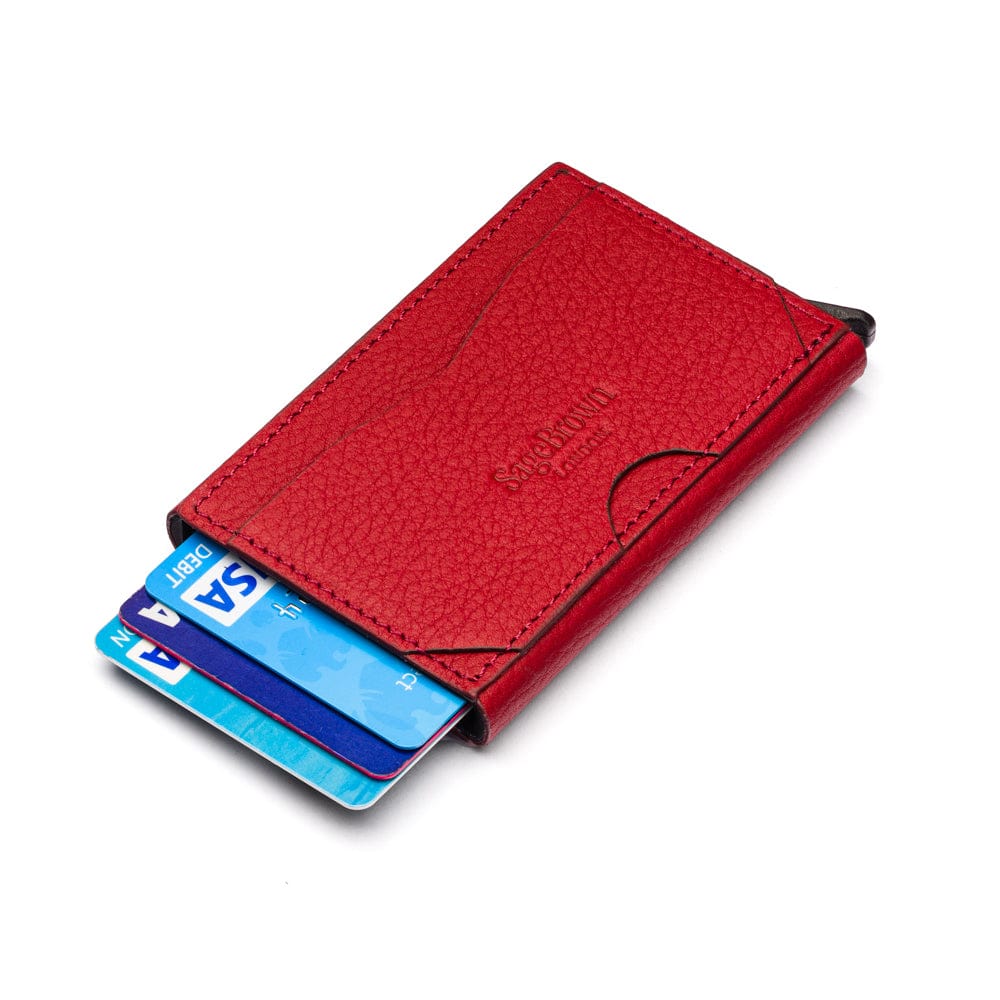 RFID pop-up credit card case, burgundy, rear view