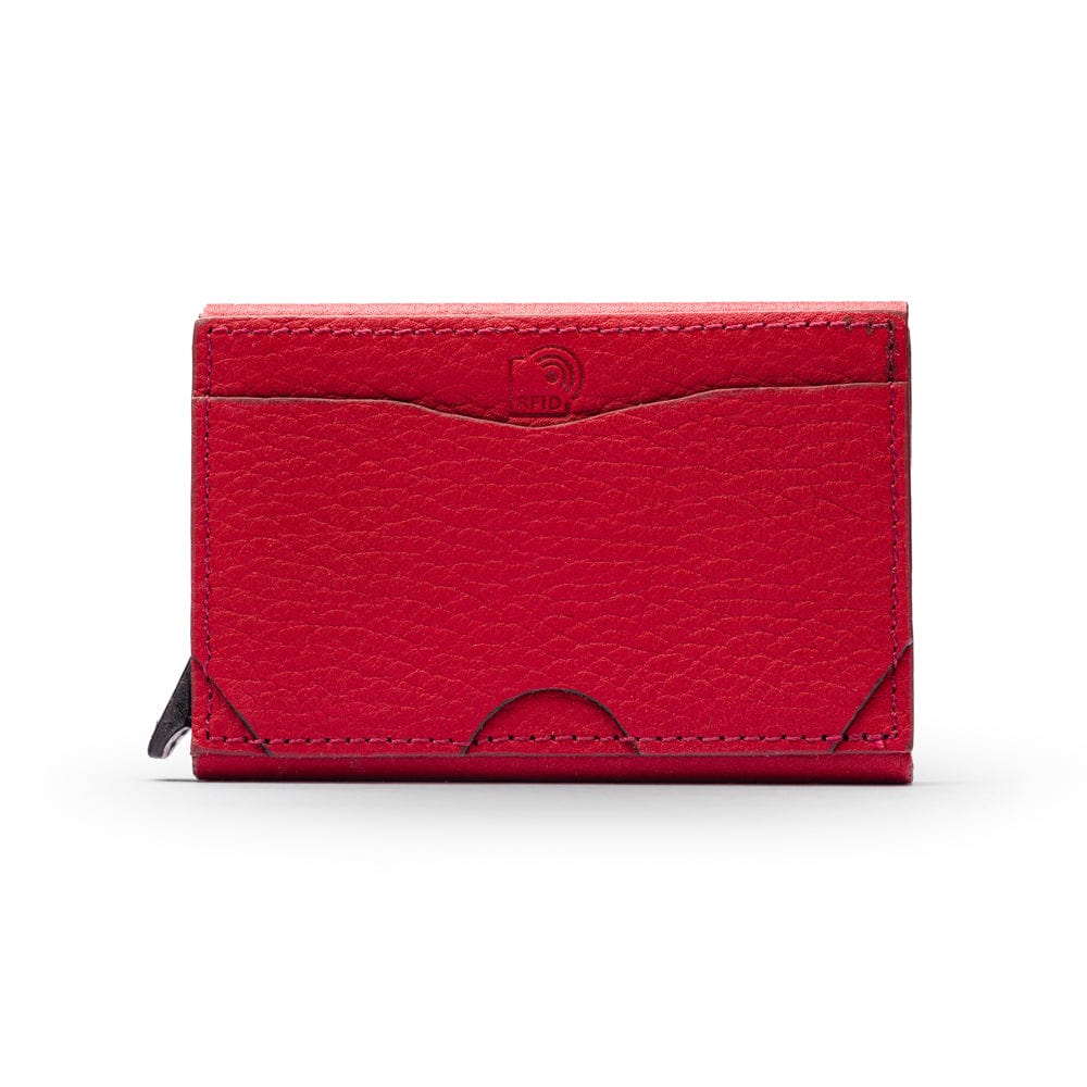 RFID pop-up credit card case, burgundy, front view