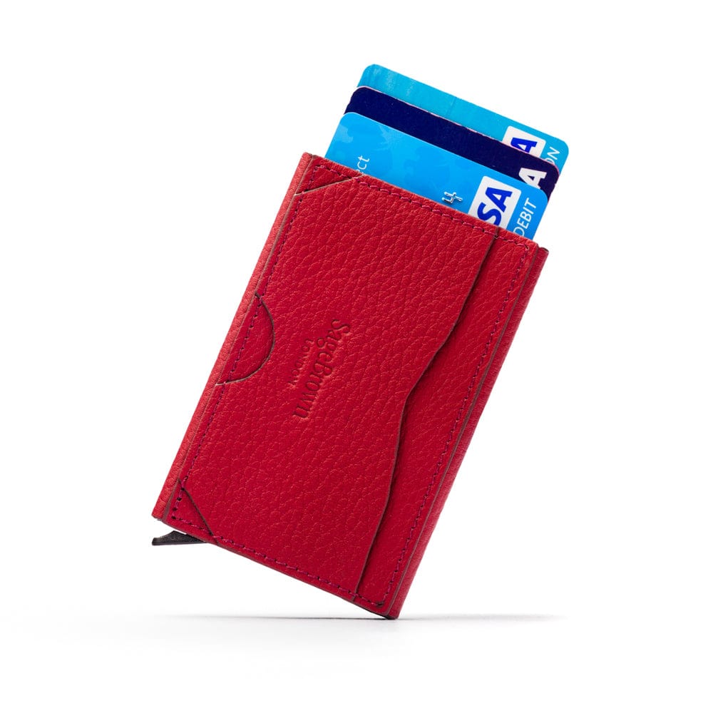 RFID pop-up credit card case, burgundy, reverse view