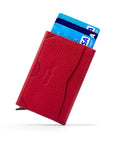 RFID pop-up credit card case, burgundy, reverse view