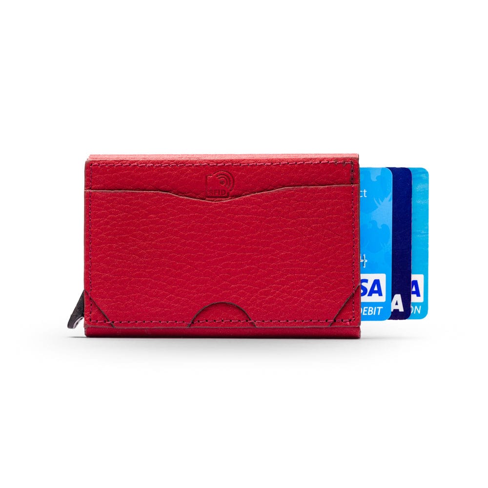 RFID pop-up credit card case, burgundy, front view