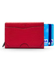 RFID pop-up credit card case, burgundy, front view