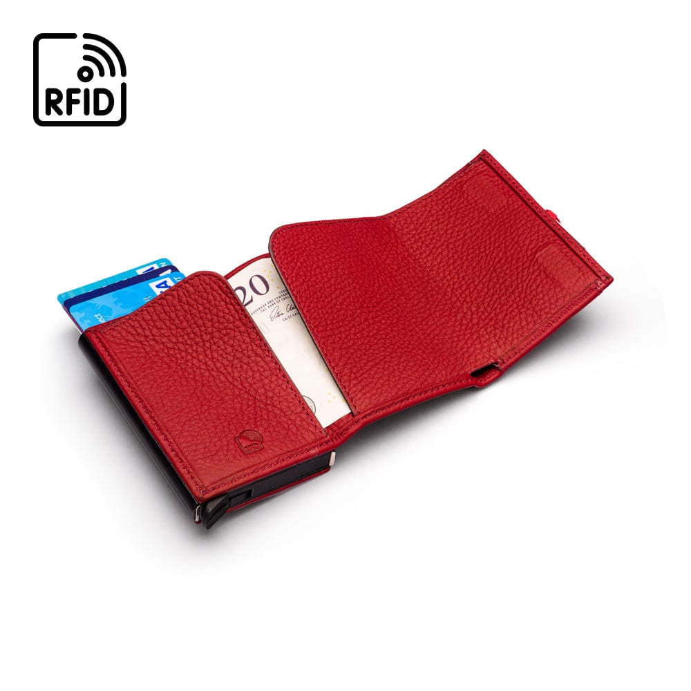 RFID wallet with pop-up credit card case, burgundy, inside view