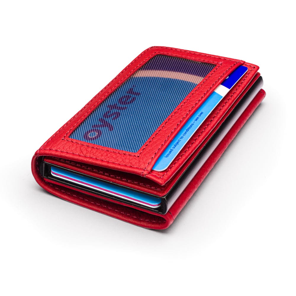 RFID wallet with pop-up credit card case, burgundy, front view