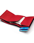 RFID wallet with pop-up credit card case, burgundy, open view