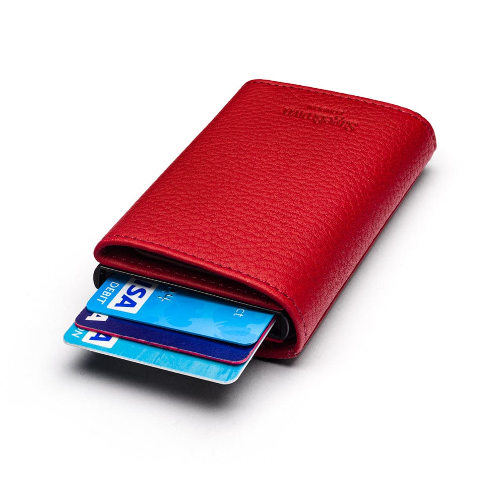 RFID wallet with pop-up credit card case, burgundy, back view