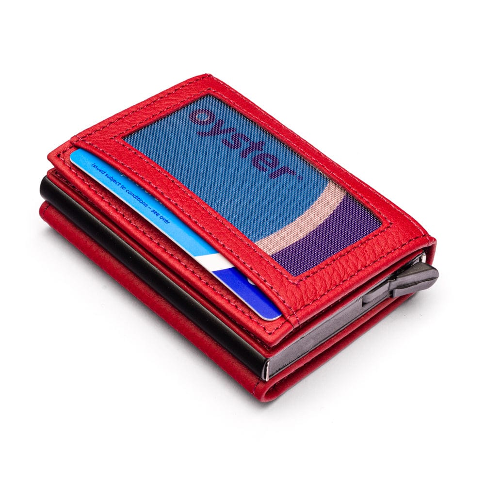 RFID wallet with pop-up credit card case, burgundy, base view