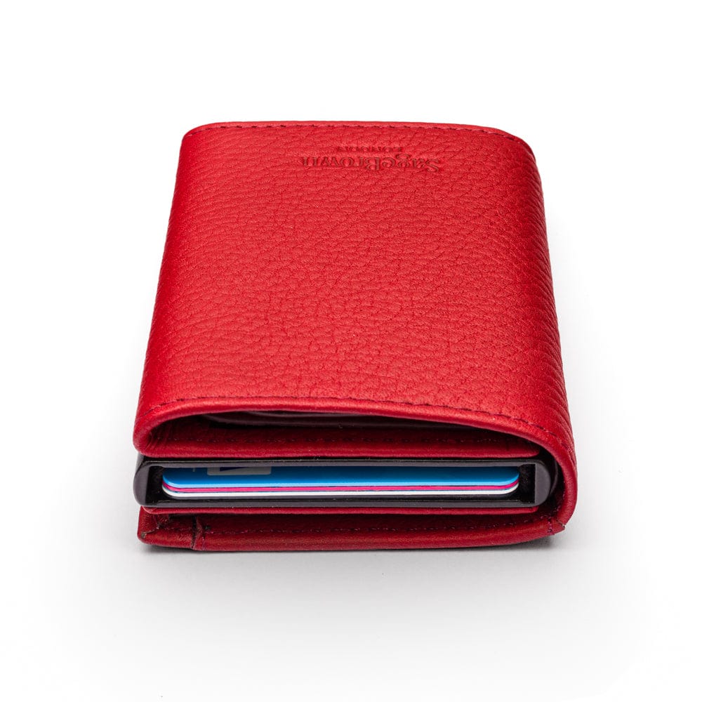 RFID wallet with pop-up credit card case, burgundy, top view